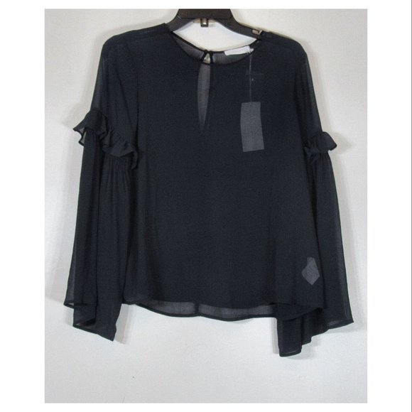 Lush Ruffle Bell Sleeve Blouse, Sheer, Navy Blue, Size Small NWT - Picture 2 of 3